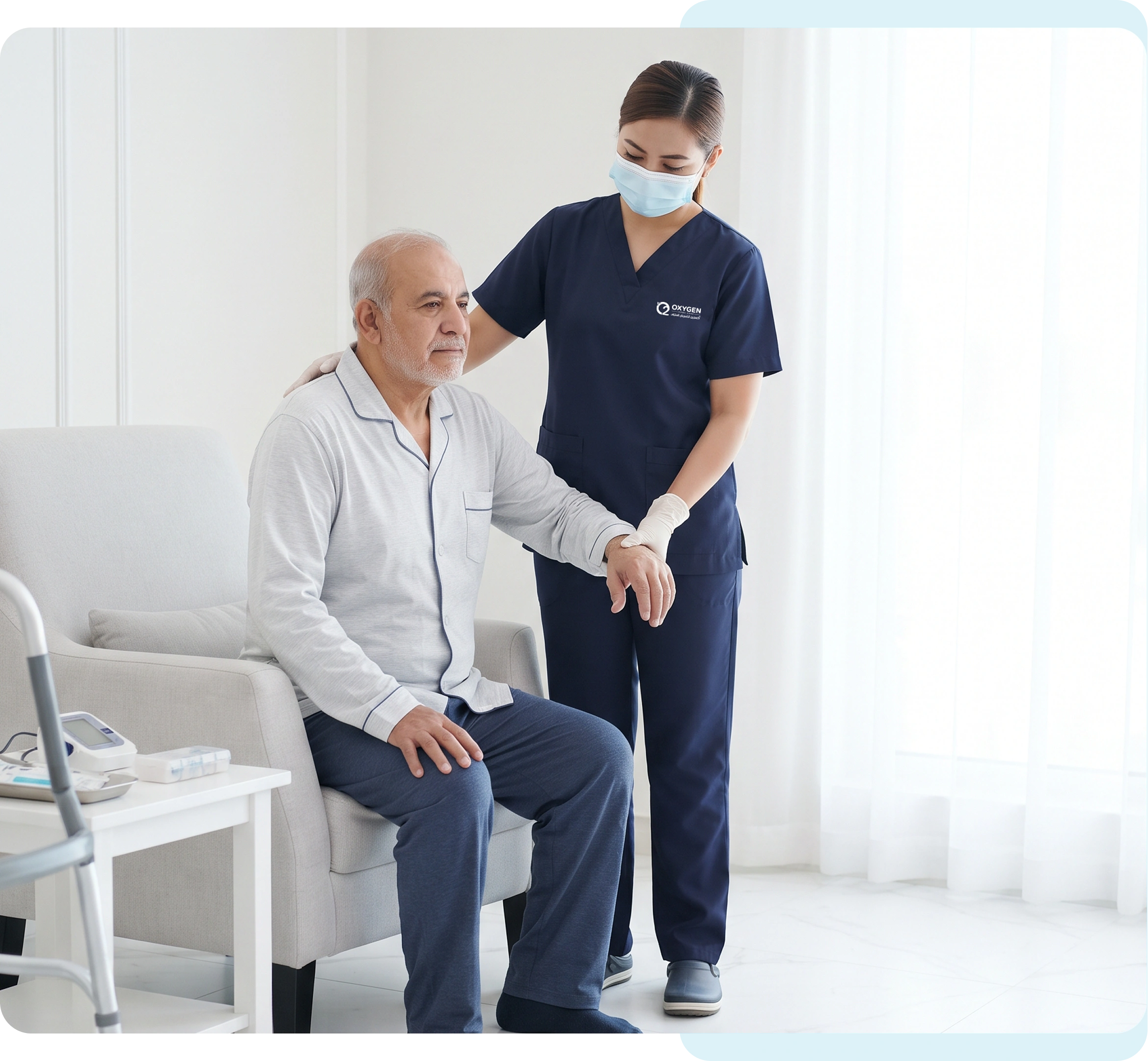 Oxygen nurse checking a patient's blood pressure at home with family present