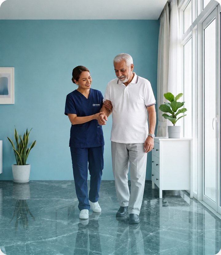 An Oxygen nurse walking with an elderly patient during recovery at home